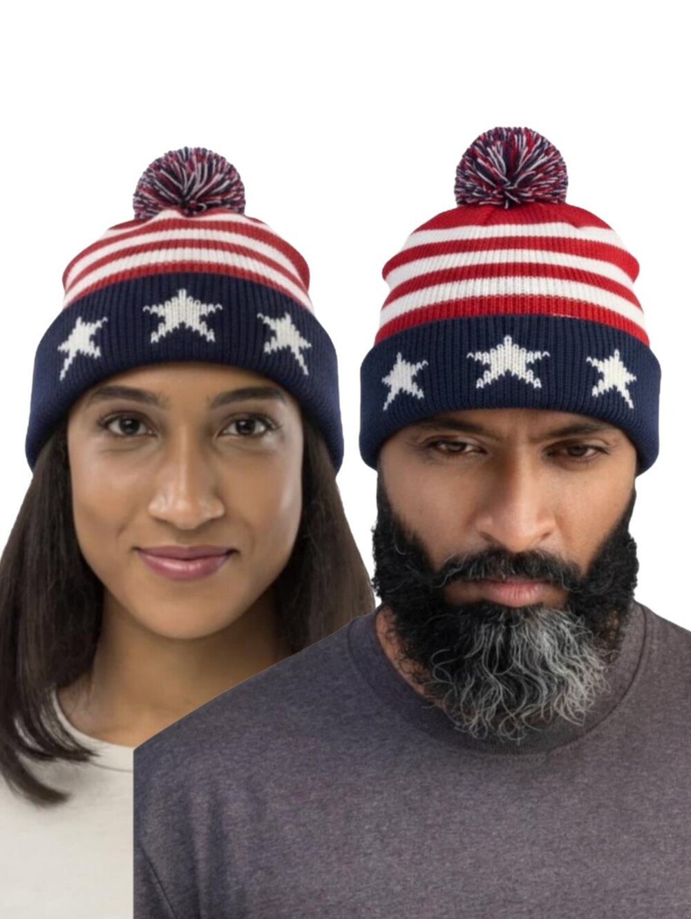 American Flag Knit Colorblock Beannie with Pom Unisex Cap - Picture 2 of 3